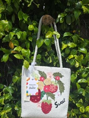 Handcrafted White Beaded Bag with Strawberry Motif